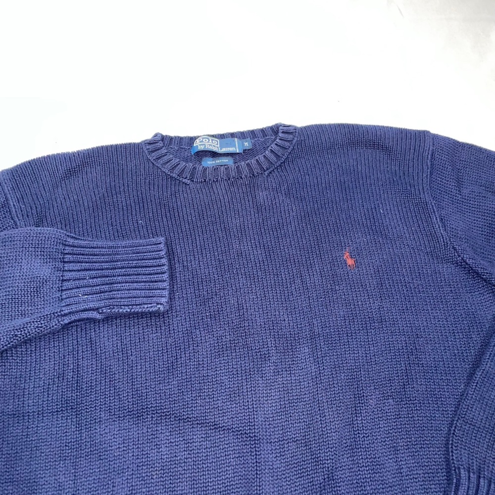 Polo Ralph Lauren Mens Navy Blue Cotton Knit Crewneck Sweater Size M Pony Logo